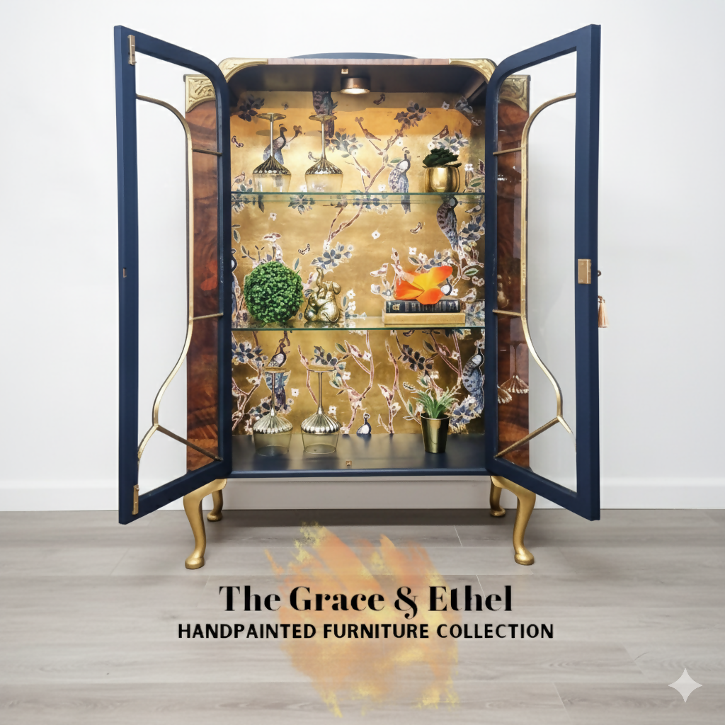 art deco peacock navy and gold glass cabinet-MADE TO ORDER