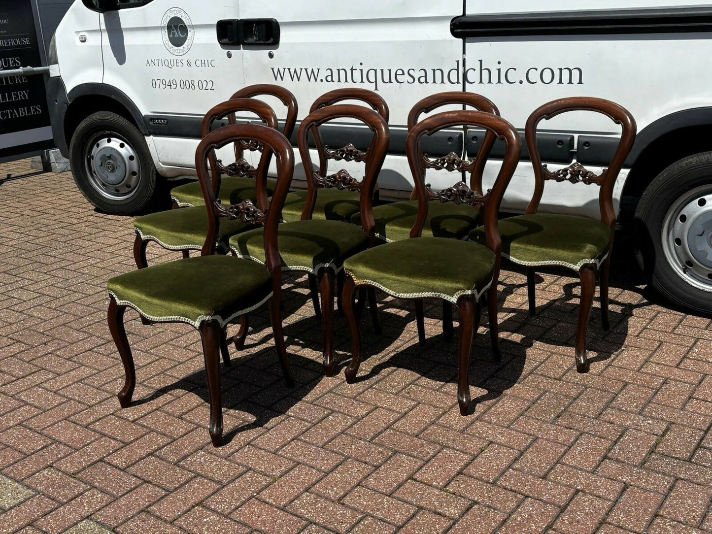 Set of 8 Green Balloon Back Mahogany Dining Chairs.