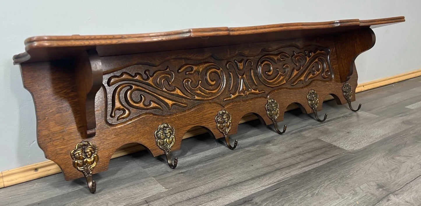 Coat Rack Antique French Style Oak Wall Shelf 6 Hooks Carved Hall Stand LOT 3511
