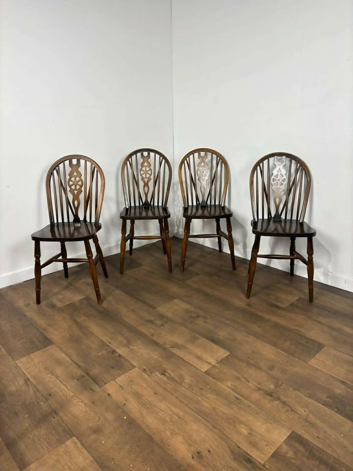 Vintage Set of Four Dark Oak Wheel Back Chairs