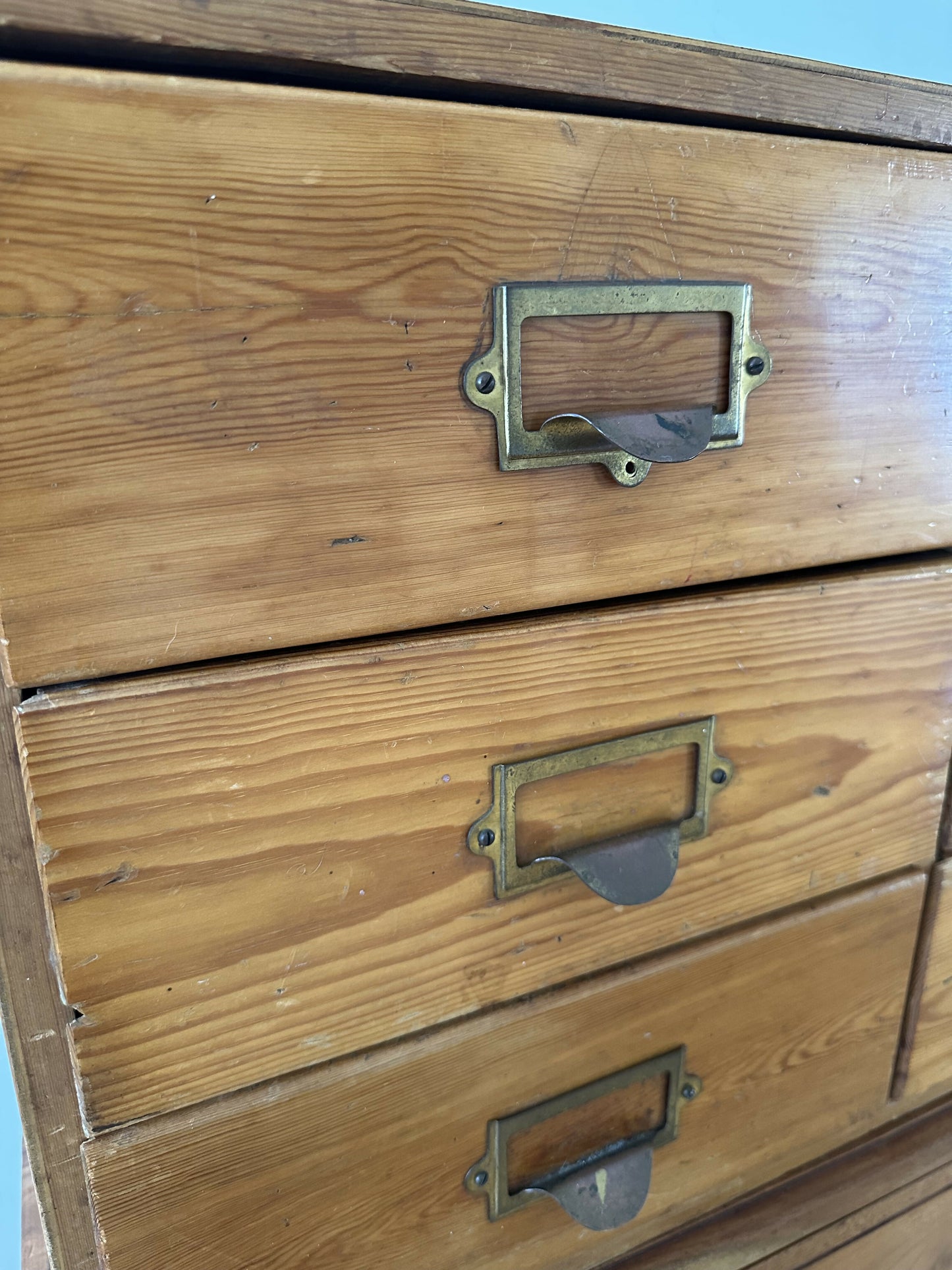 Vintage Pine 9 Drawer Apothecary Cabinet Antique Haberdashery Chest Brass Label Holders Industrial Storage Unit Mid Century Filing Drawers