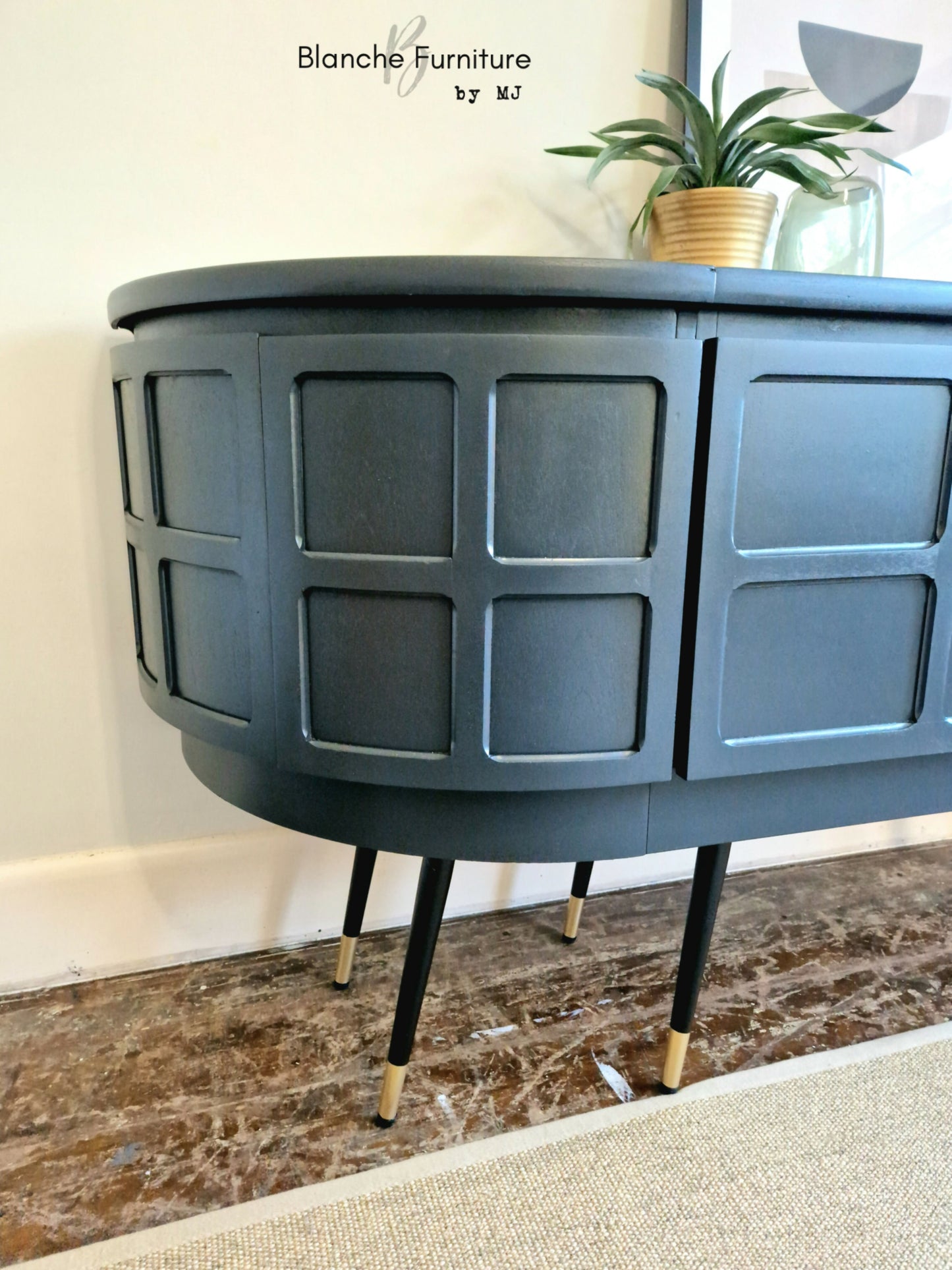 Long Curved Nathan Sideboard in Railings Grey with Black & Gold tapered legs.