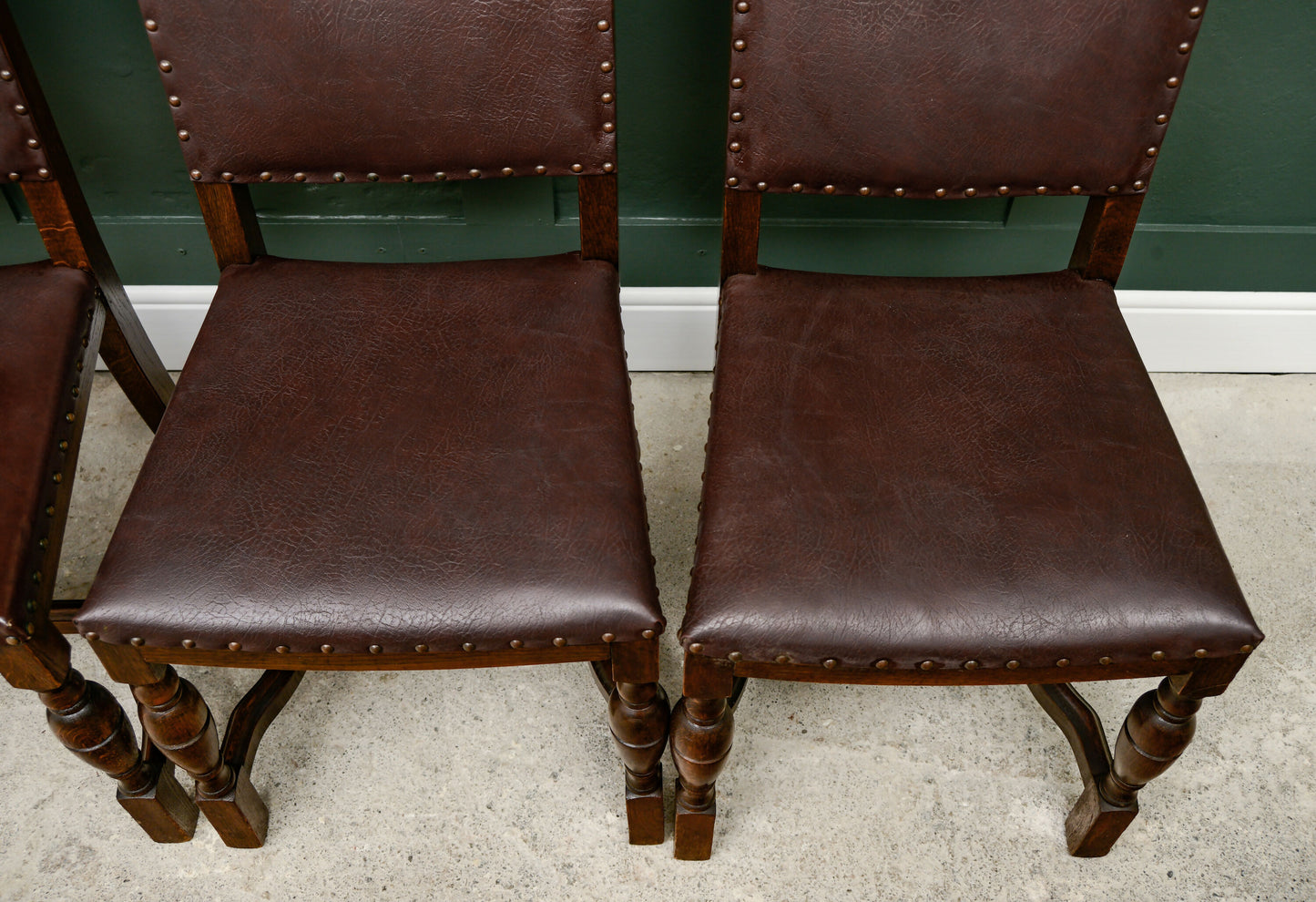 4 Oak Dining Chairs -Tudor Cromwellian Style - Burgundy Leatherette