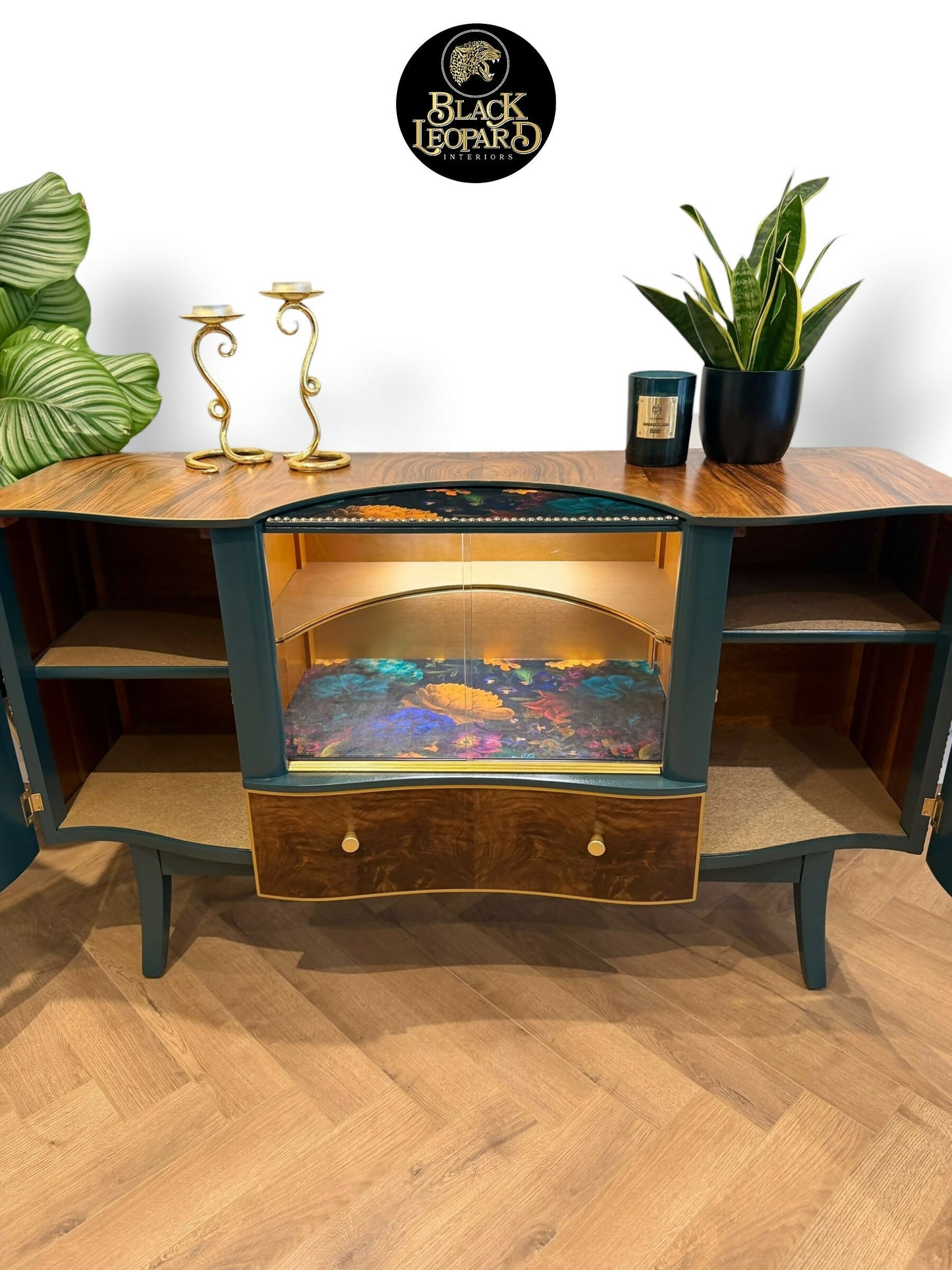 Luxury Unique Art Deco Sideboard with Drinks Cocktail Cabinet Section or TV Console | Refinished Hand Painted Vintage Green, Gold & Velvet | Black Leopard Interiors