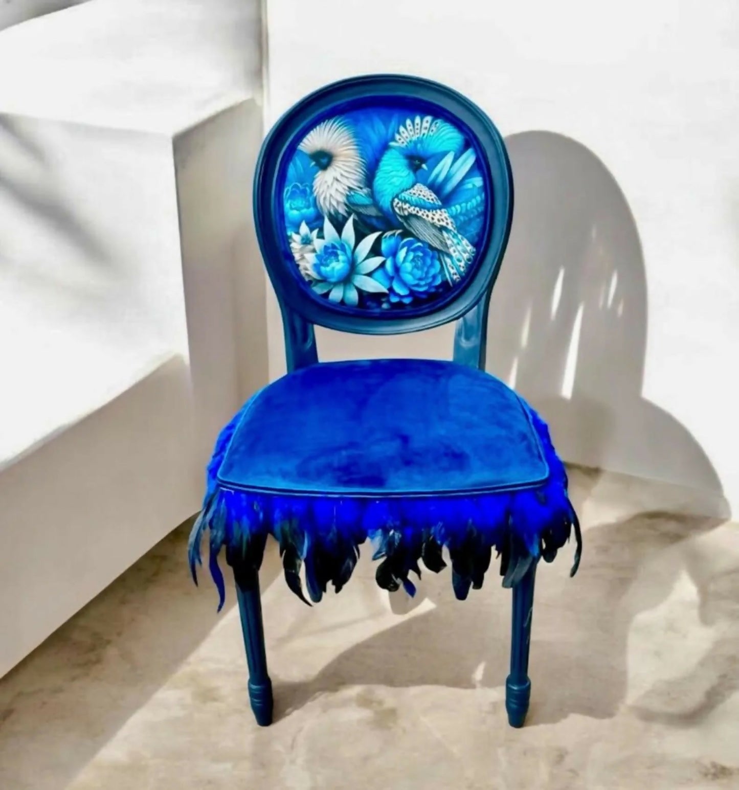 Bespoke Vintage Blue Bird Chair. One of a Kind Velvet and Feather Detailing. Artist Designed Chair