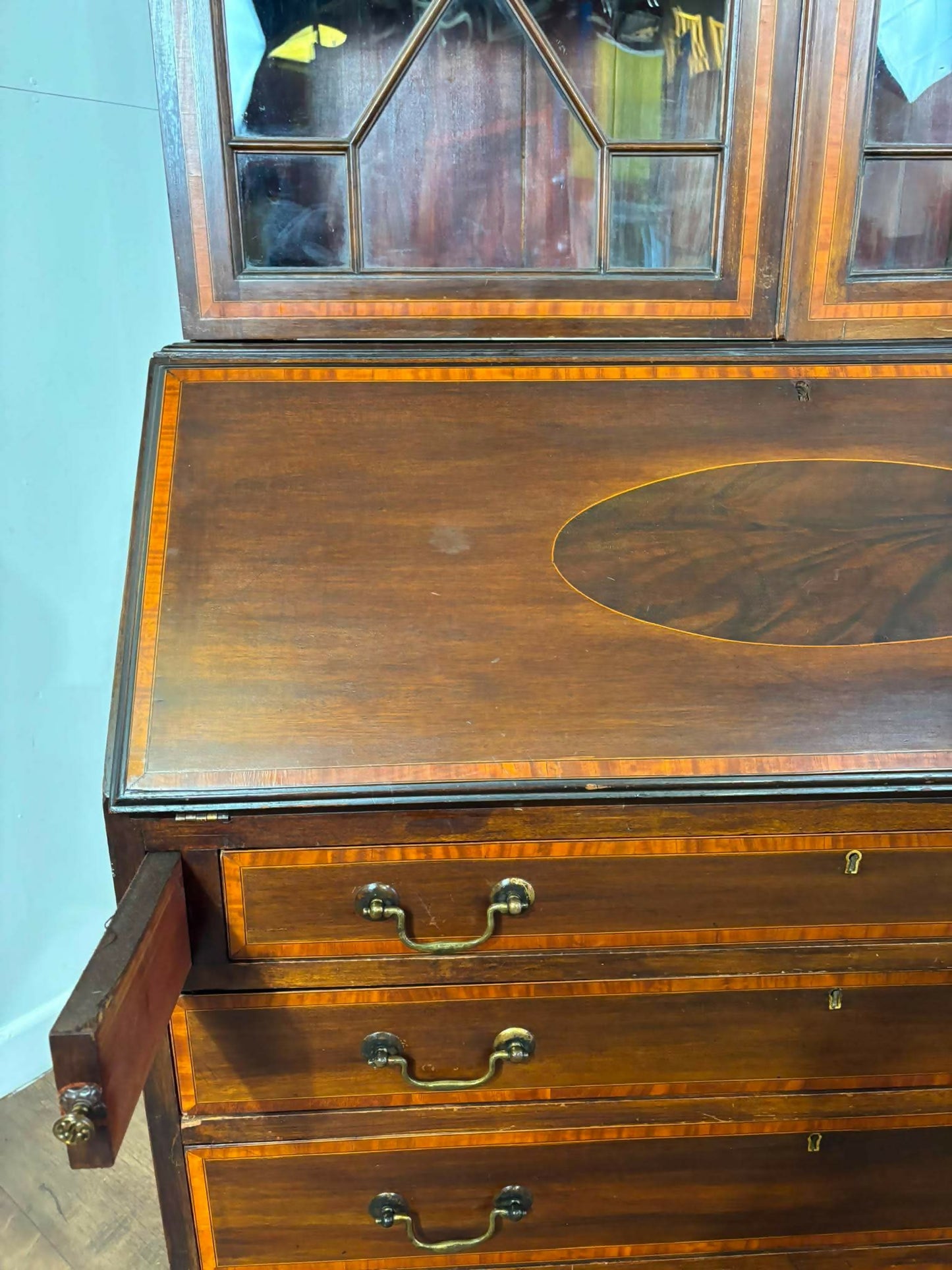 Edwardian Sheraton Style Inlaid Mahogany Bureau Bookcase