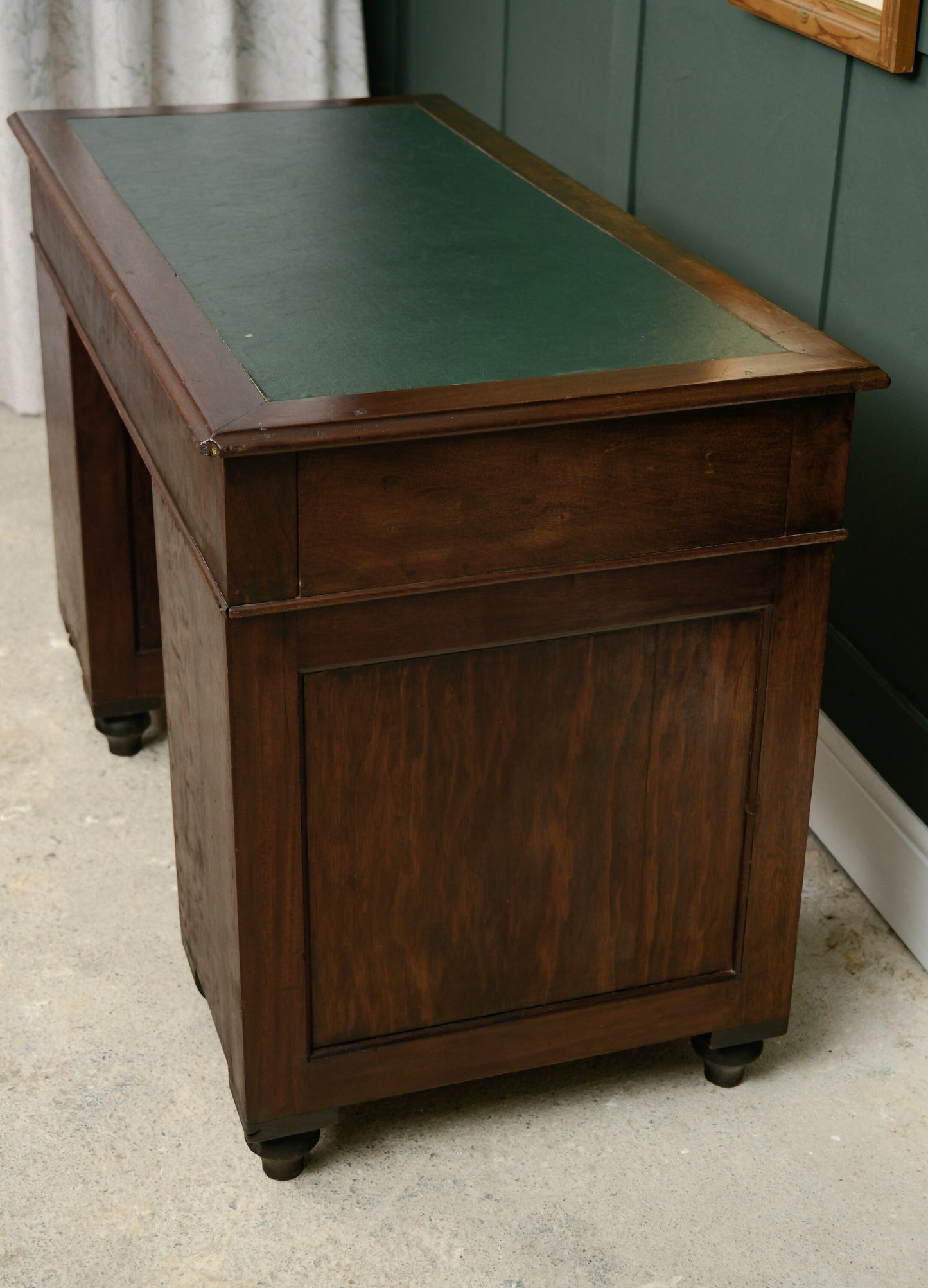 Victorian Oak Pedestal Desk with Full Width Drawer & Green Top