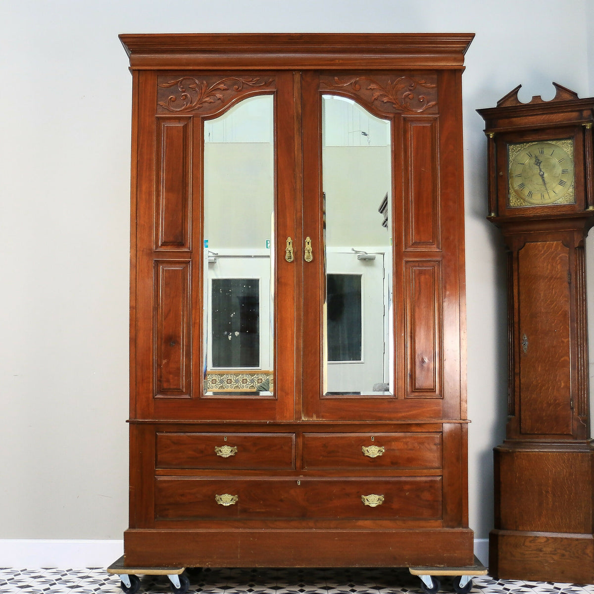 Antique Double Wardrobe Mirrored Doors and Drawers Late Victorian