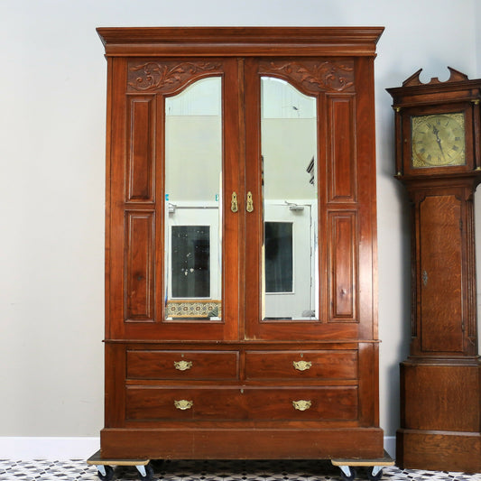Antique Double Wardrobe Mirrored Doors and Drawers Late Victorian