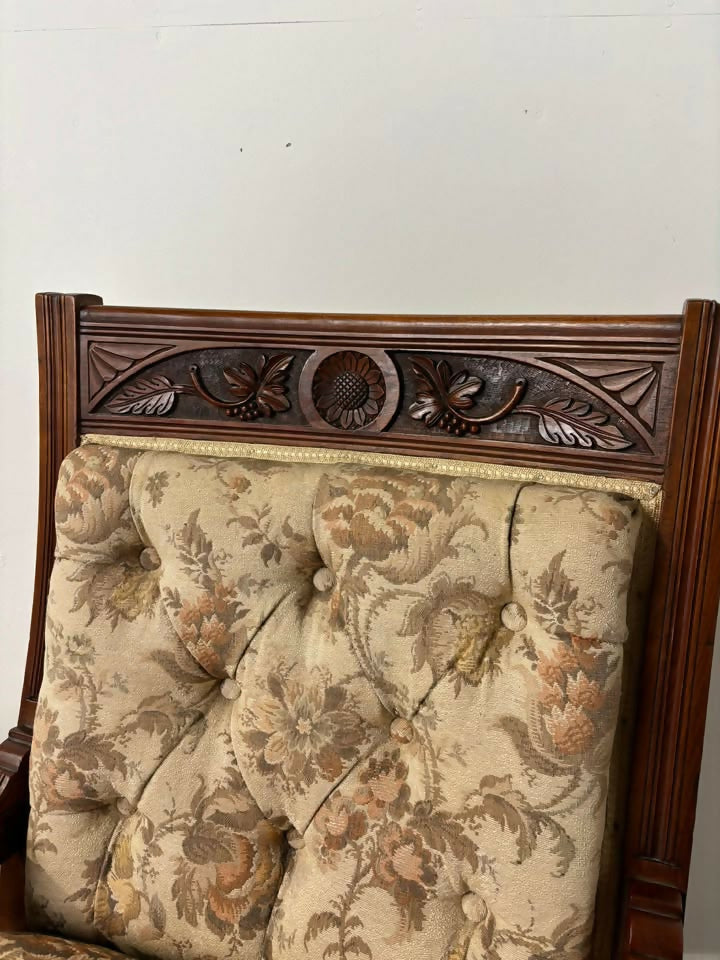 Pair of Victorian Carved Walnut Upholstered Library Armchairs