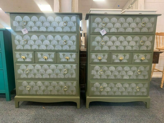 Stunning Bespoke Pair Of Stag Minstrel Vintage Chest Of Drawers Tall Boys Fusion Mineral Paint Green Art Deco