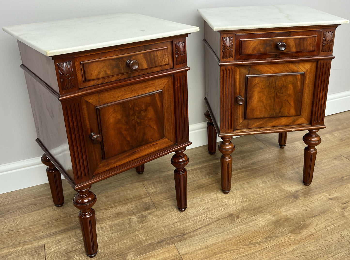 Pair of Bedside Tables Antique Walnut Marble Top Nightstands Cabinets LOT 6223