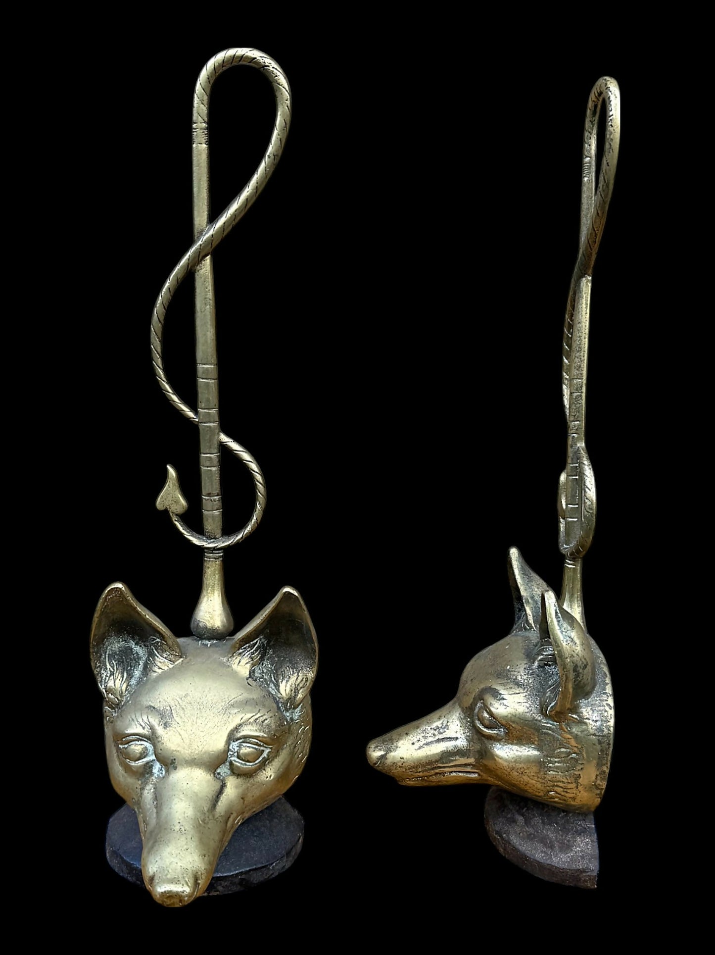 Pair of Antique Brass Fox Head Door Porters or Door Stops