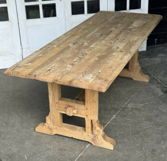 French Bleached Oak Trestle Farmhouse Dining Table
