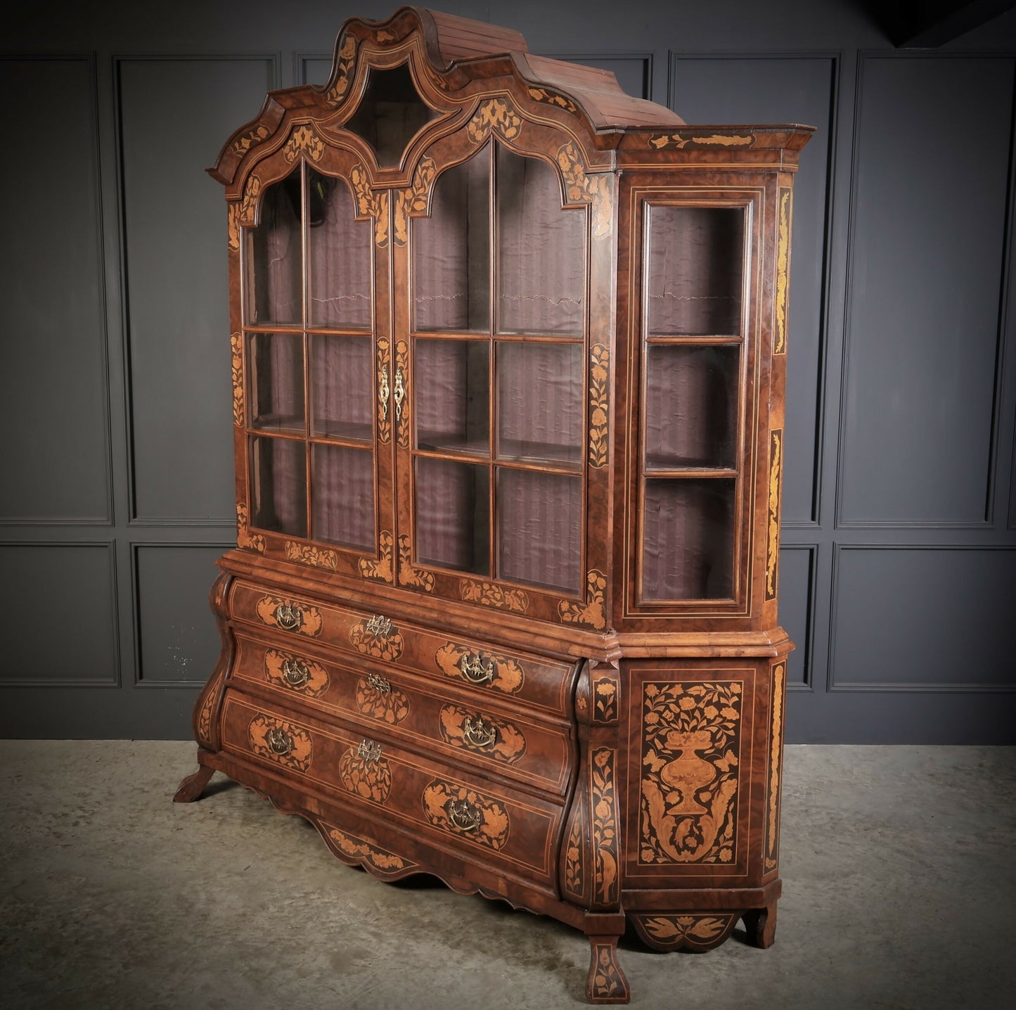 Large Marquetry Inlaid Walnut Bombe Shaped Vintage Cabinet