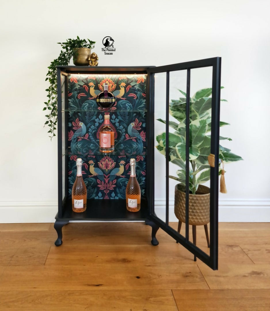 Upcycled Vintage Drinks Cabinet | Painted Dark Navy Tropical Decoupage Glazed Home Bar | Cocktail Cabinet