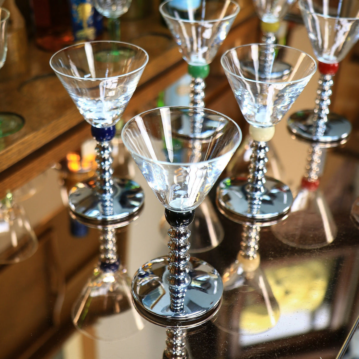 Six Art Deco Cocktail Martini Glasses on Chrome Stems with Coloured Accent Ball