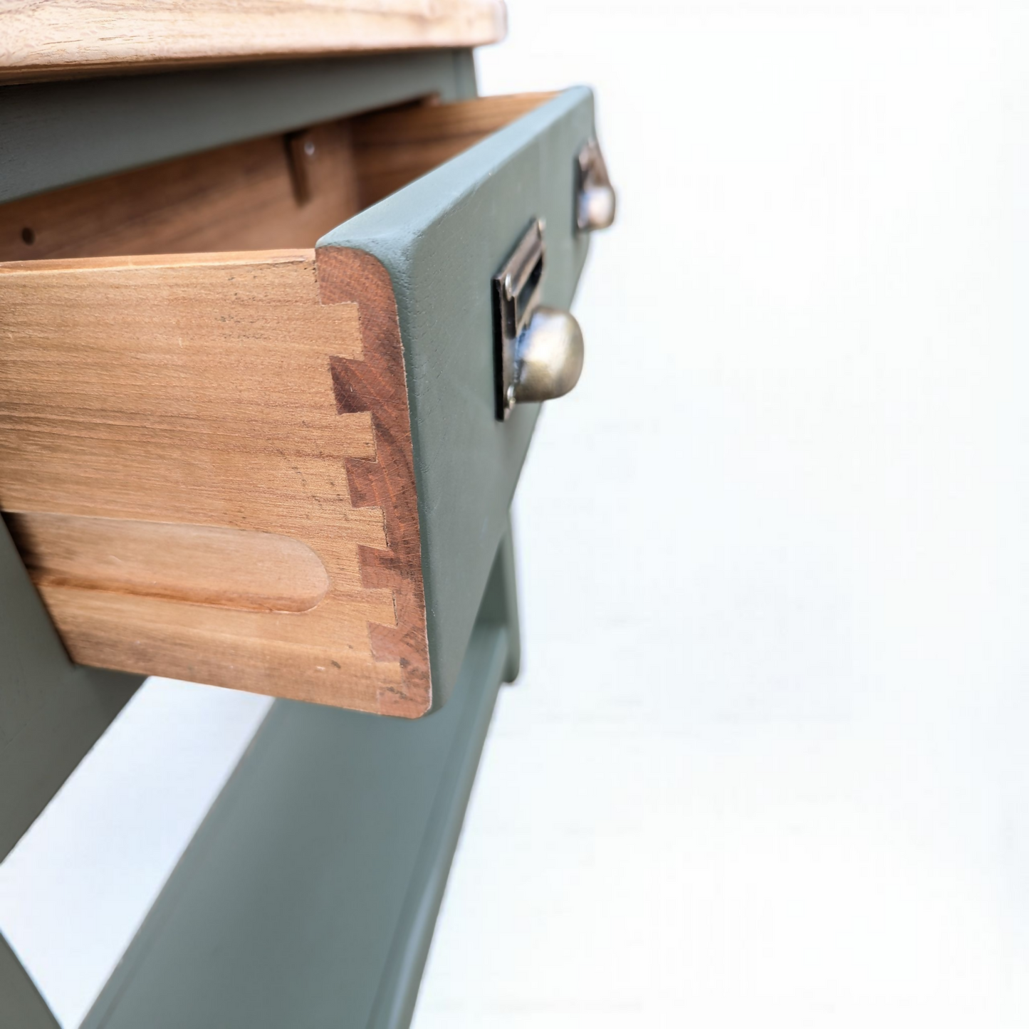 Solid oak green console table rustic hallway table with drawers and shelf