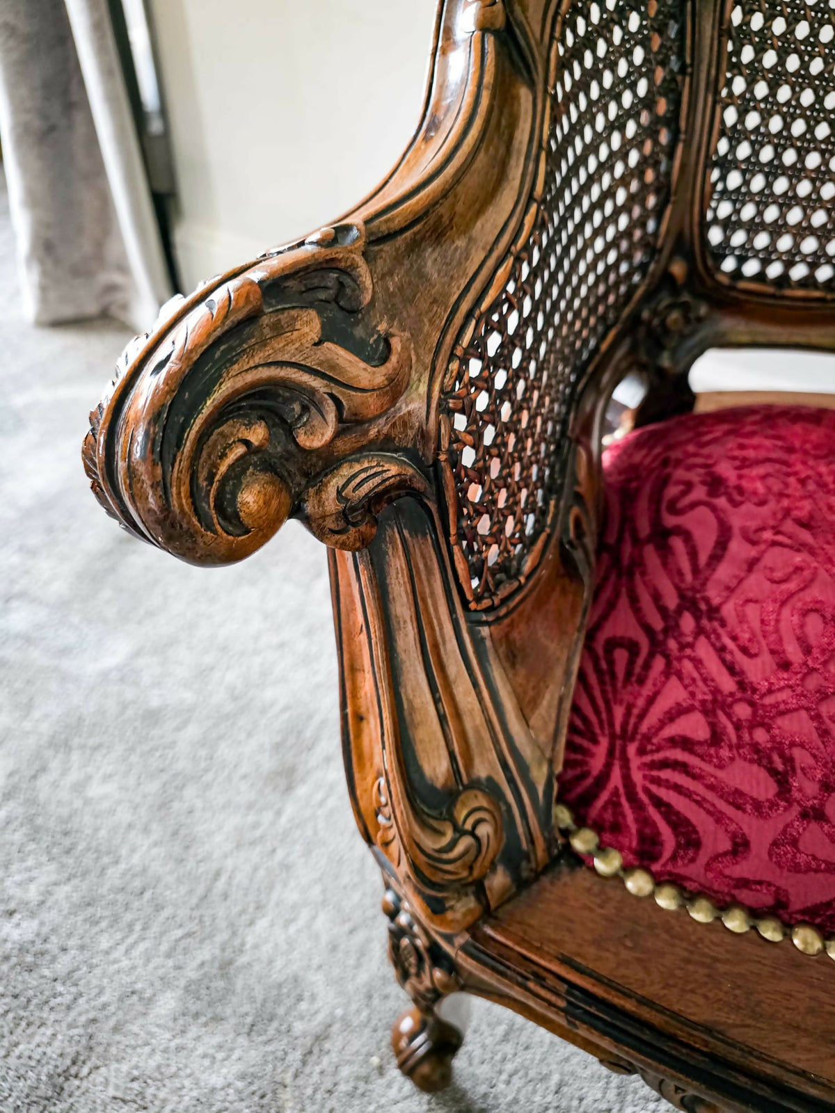 Early 20thC Walnut Framed Bergere Caned Back and Sides Raised on Cabriole Legs