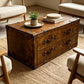 Handmade Vintage Coffee Table, Rustic Drawer Chest, Bridle Leather, English Steamer Style, Solid Hardwood