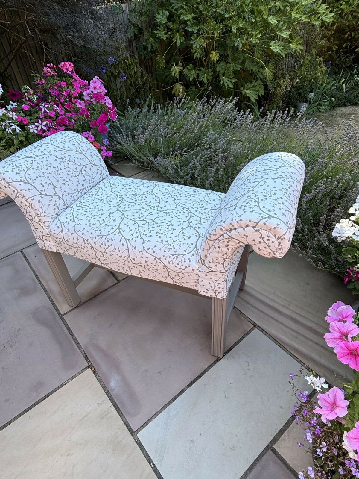 Window Seat, Scroll Armed Bench, Upholstered Cream Willow Fabric Hallway Chair