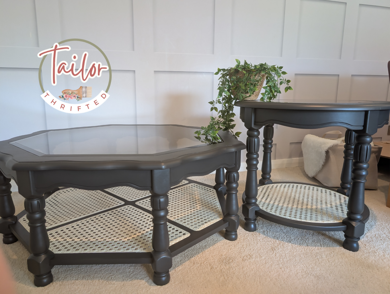 Tailor Thrifted Upcycled Vintage Cane and Glass Table Set 15