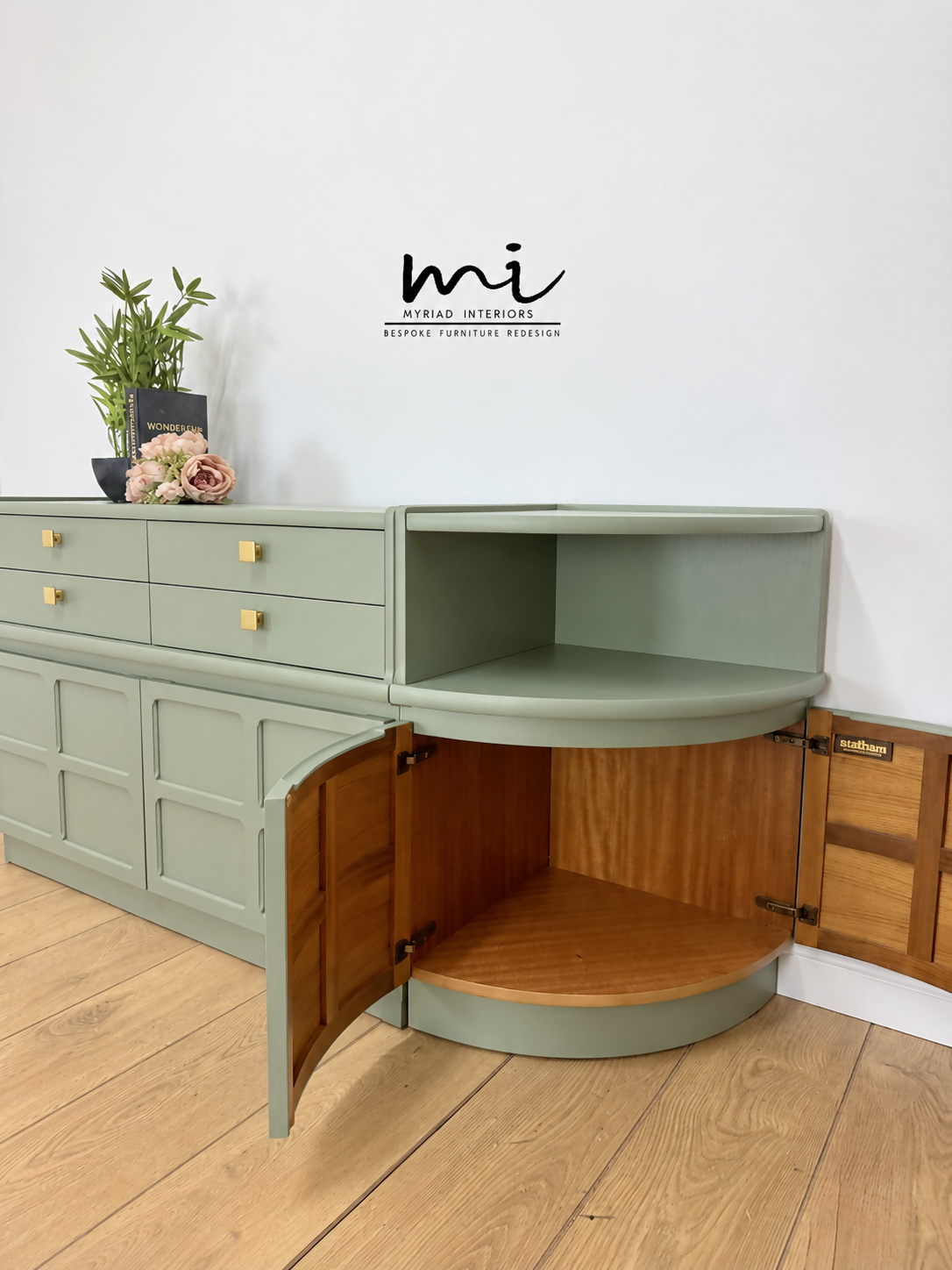 Refinished Nathan sideboard set in Pale Sage Green, modular, corner cabinet, tv stand, media unit, drinks, mid century modern, cupboard