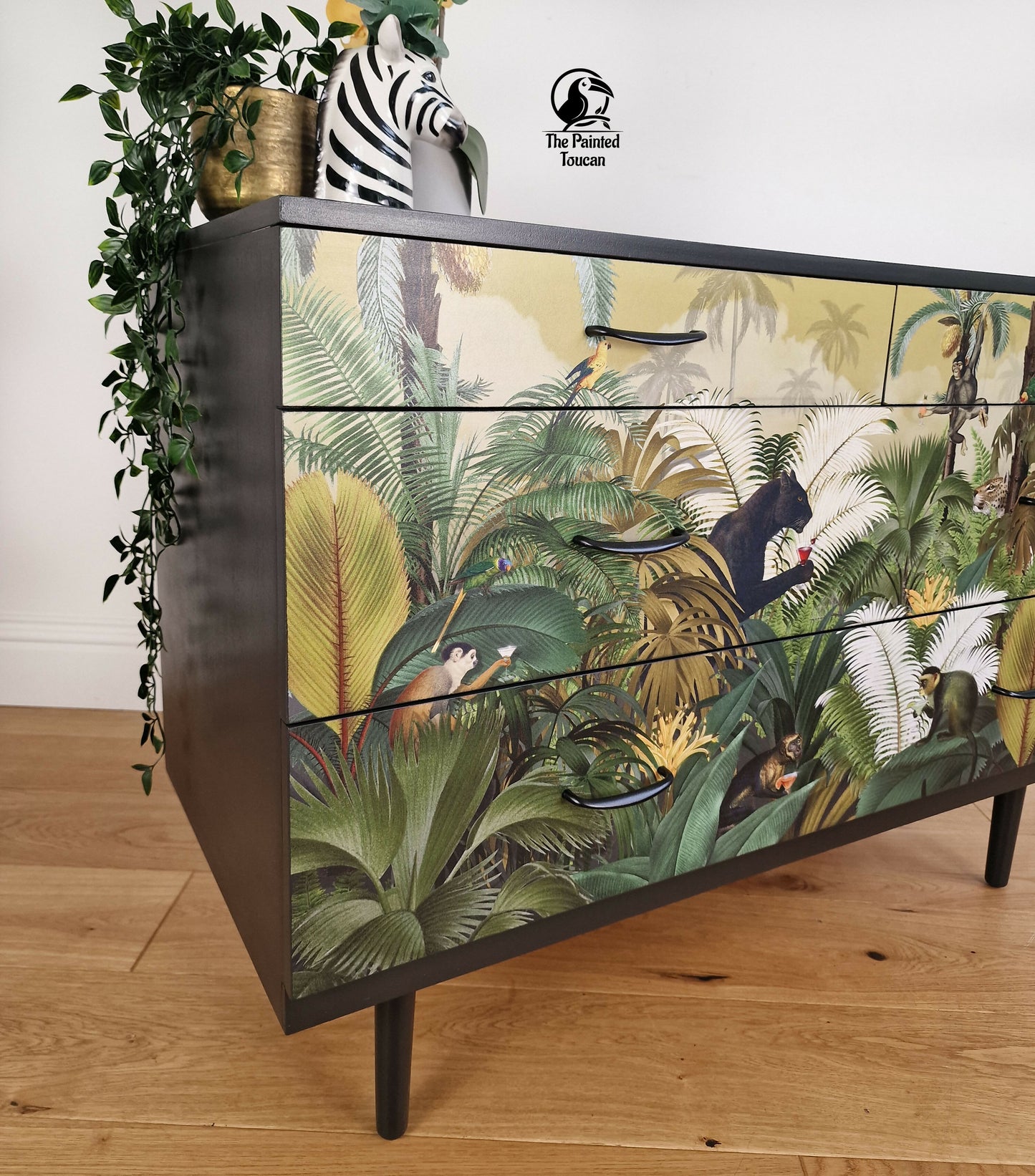 Black Mid-Century Modern MCM Stag Chest of Drawers with Jungle Decoupage