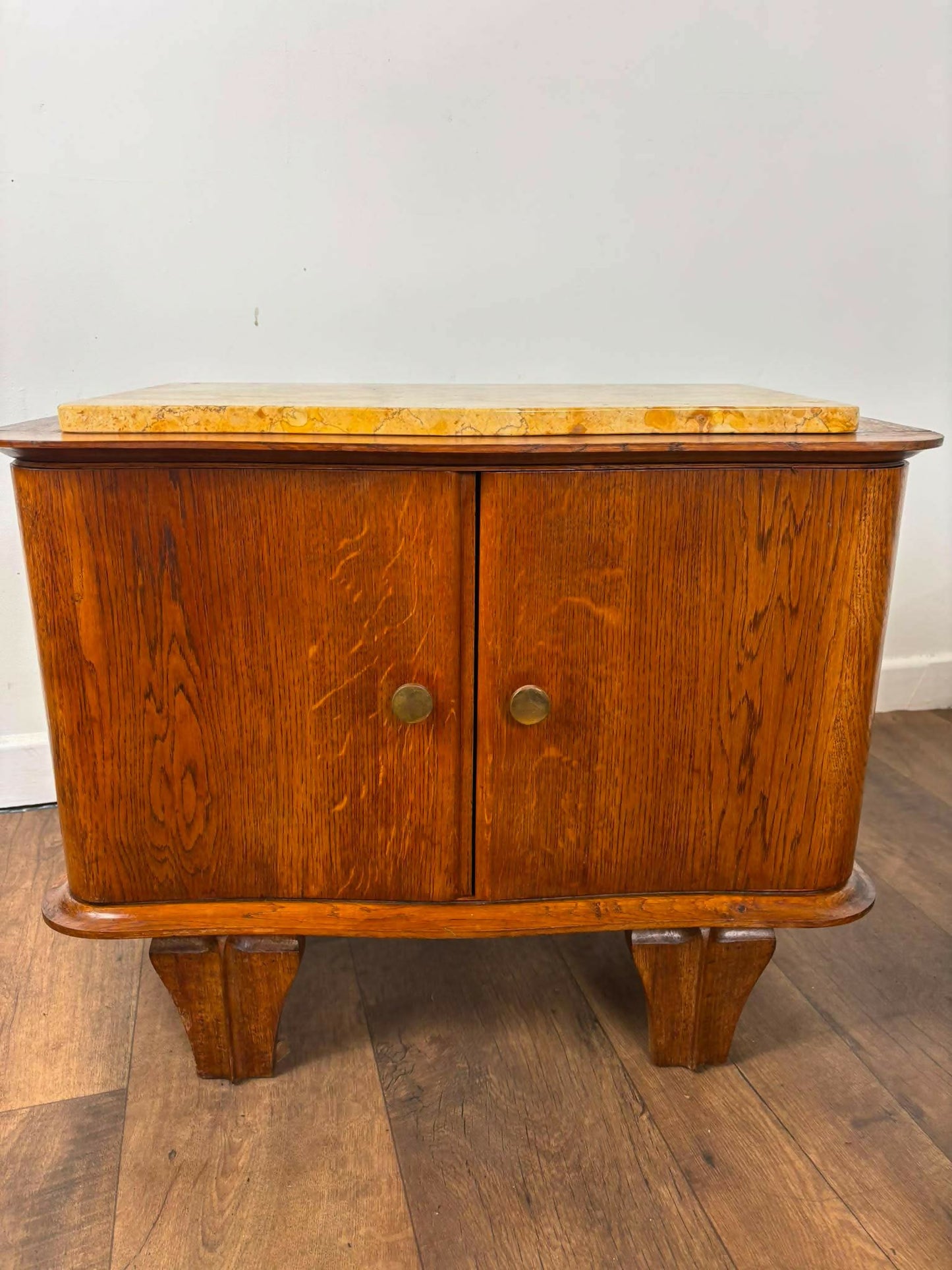 Pair of French Art Deco Oak Bedside Cabinets with Marble Tops