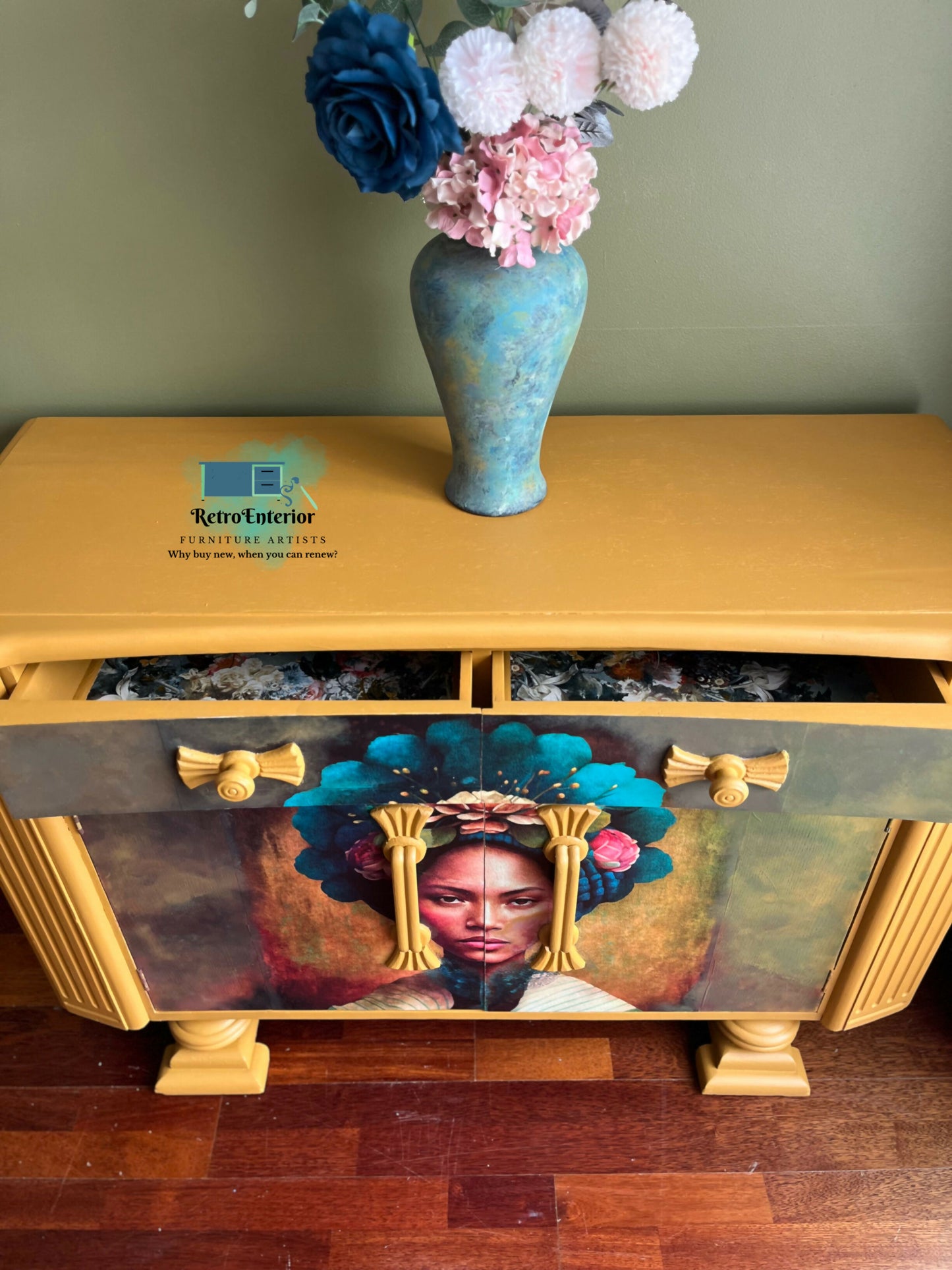 Mustard Magic: Upcycled Sideboard with floral abstract Art and Decoupaged Drawers