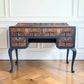 Vintage art deco navy blue walnut burr wood desk/ dressing table