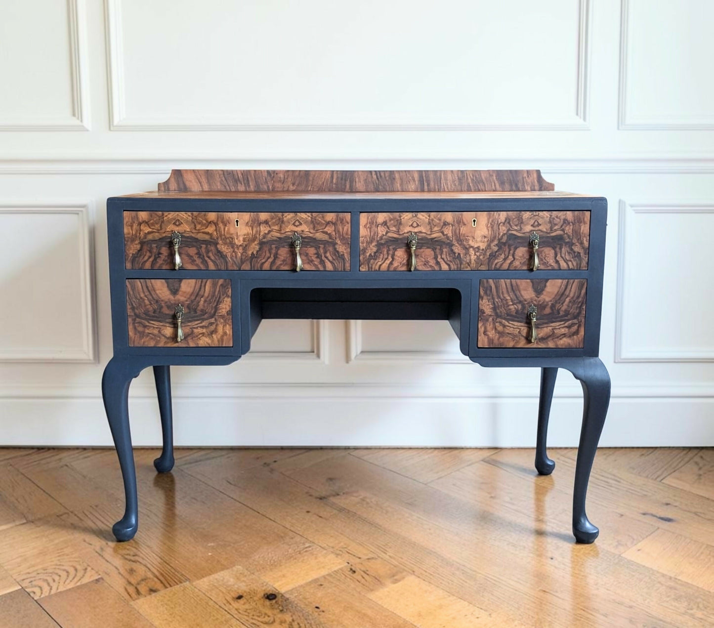Vintage art deco navy blue walnut burr wood desk/ dressing table
