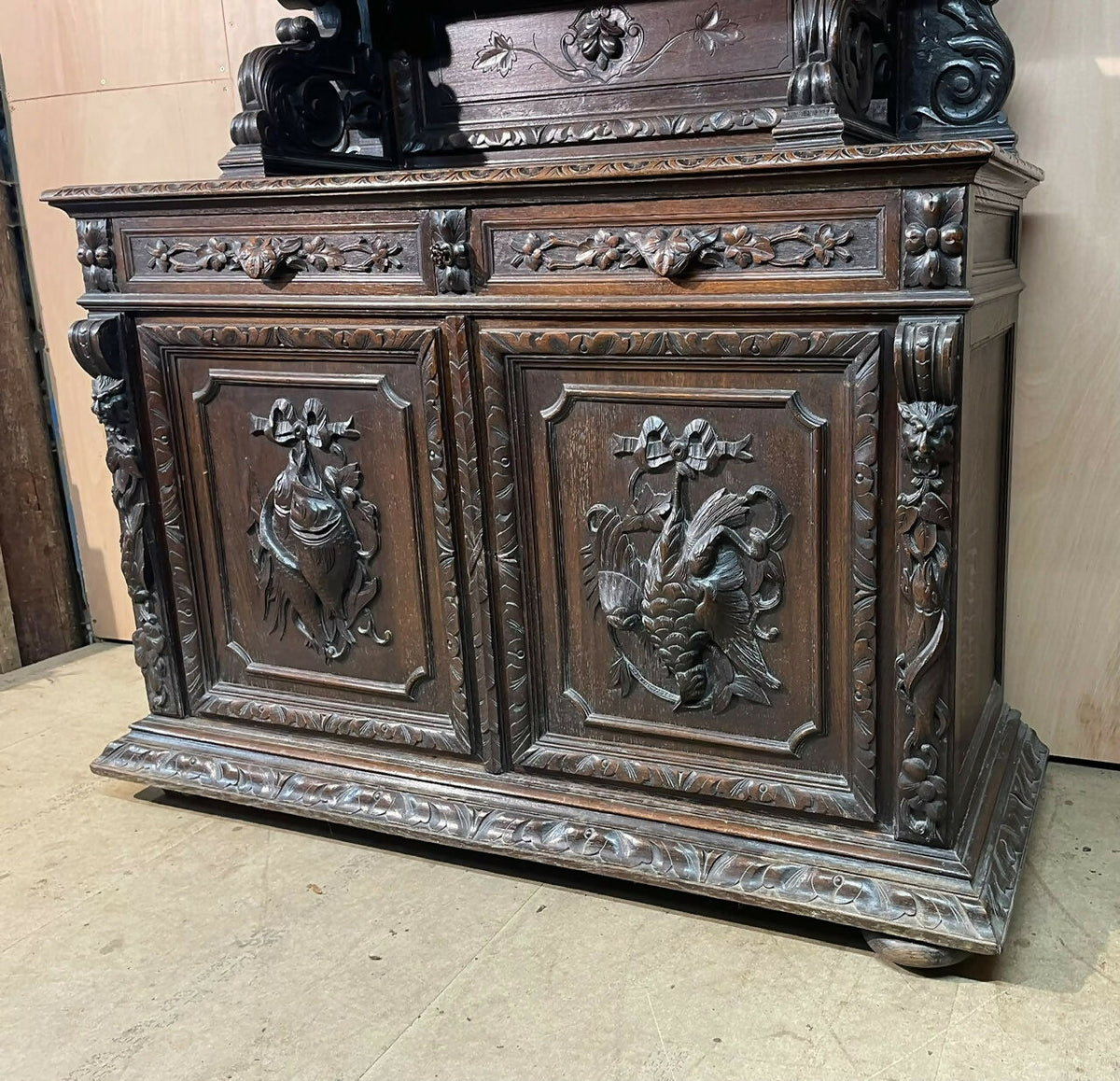 French Carved Oak Hunting Sideboard