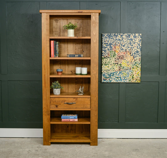 Rustic Tall Pine Bookcase with Drawer - 200 cm Tall