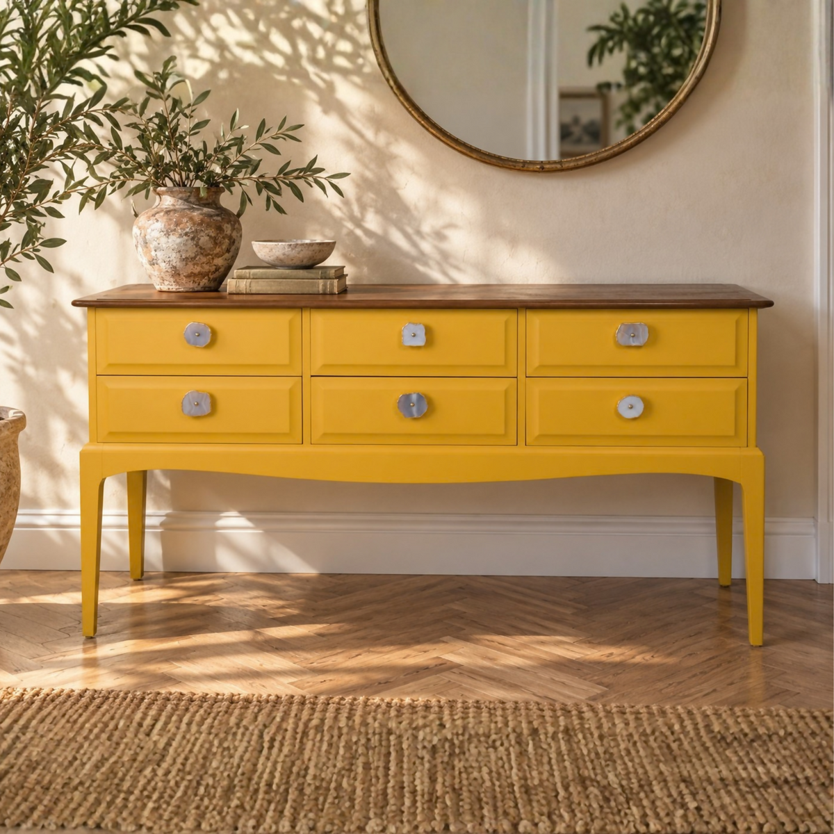 Mustard Yellow Vintage Stag Minstrel Mahogany Sideboard | Agate Handles | Upcycled Furniture | Mid Century Style
