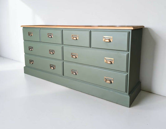 Large olive green rustic pine merchant sideboard/ chest of drawers