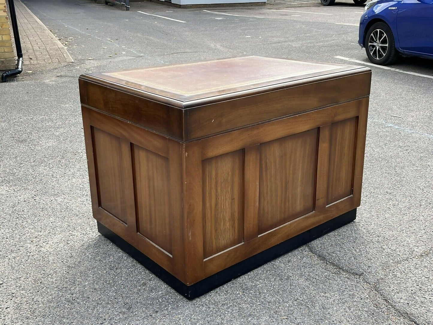 Mahogany Desk, Brass Handles, Panelled Sides & Rear.