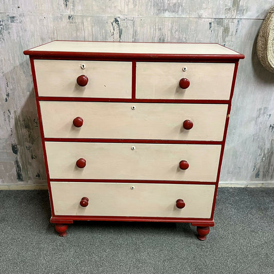 Large Victorian Chest 2 Over 3 Drawers Painted Salmon & Red Ornate Ball Feet