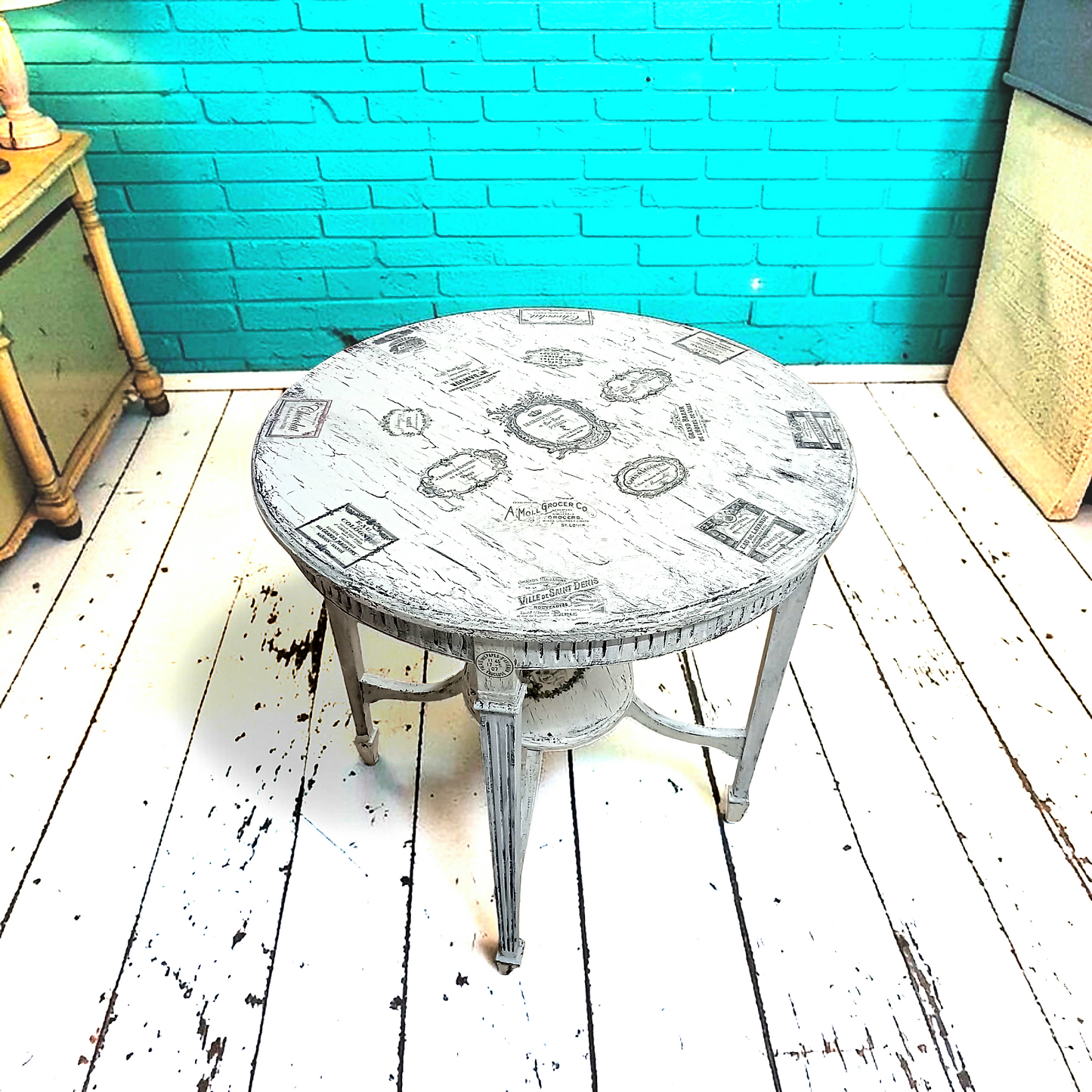 French Labels Decoupaged Table