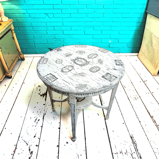 French Labels Decoupaged Table