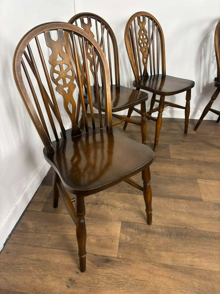 Vintage Set of Four Dark Oak Wheel Back Chairs