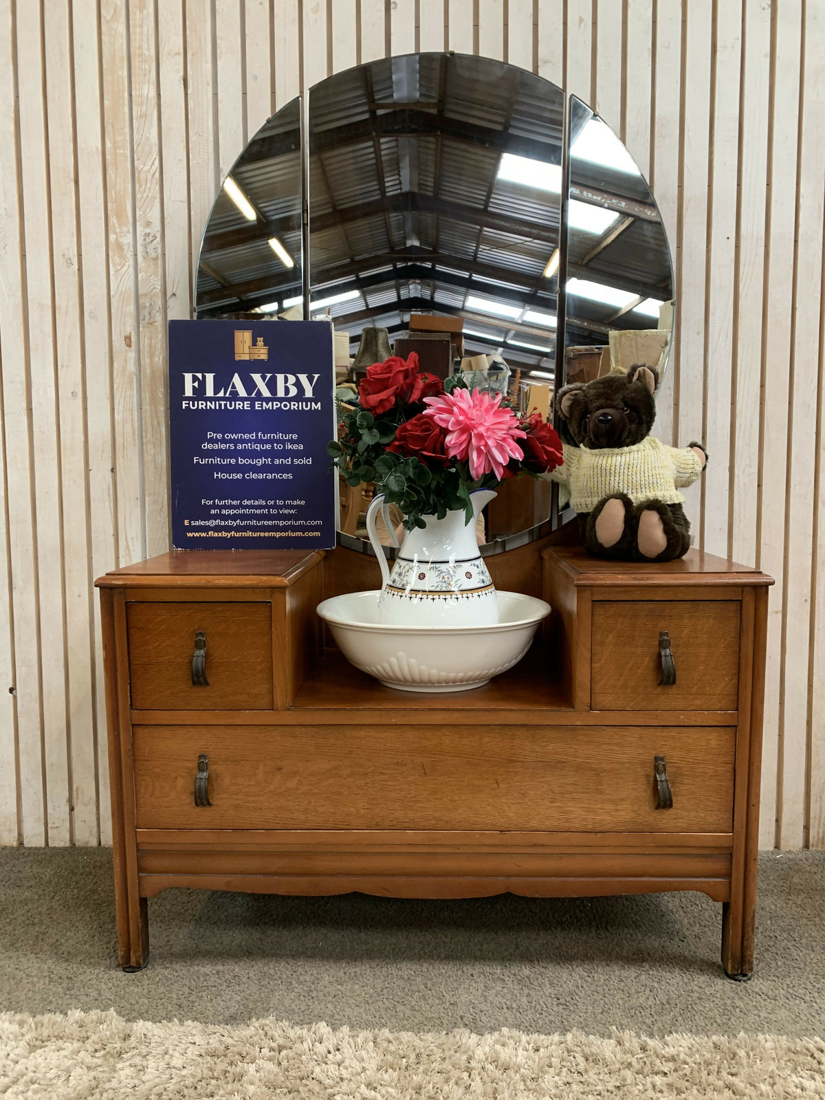 Vintage Art Deco Oak Dressing Table Circular Mirror BCM/HL Lebus Vanity Desks