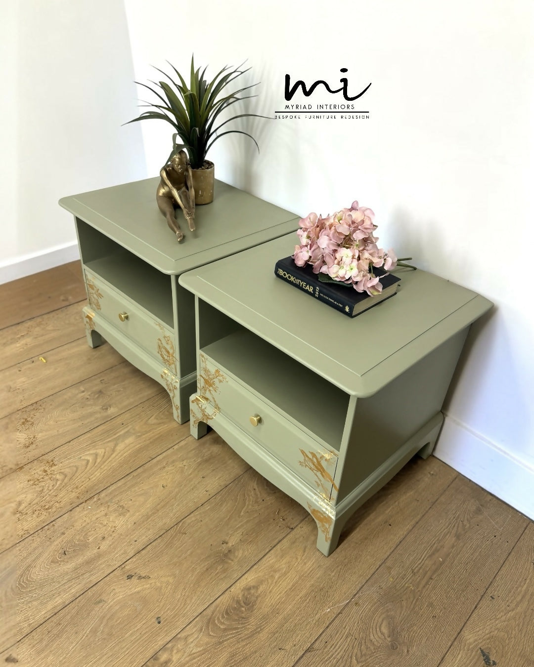 Stag Minstrel Bedside Tables In Pale Sage Green With Gold Foil Bird And Floral Design