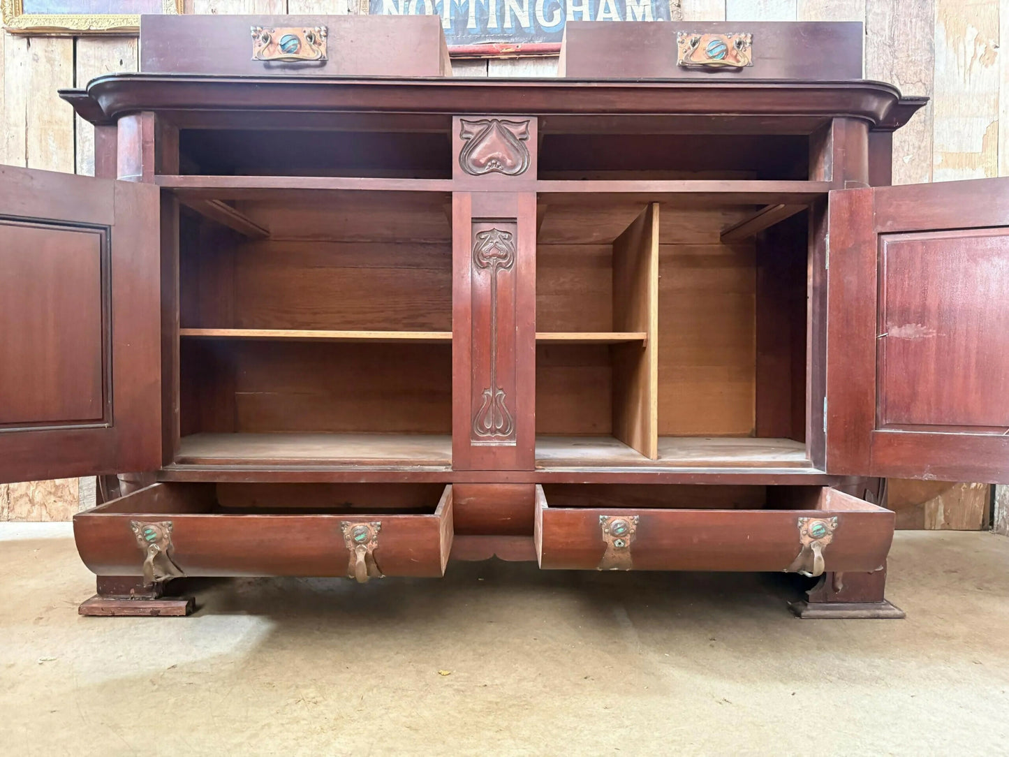 Antique Mahogany Arts And Crafts Art Nouveau Period Breakfront Buffet Sideboard Hall Dining Cupboard, Ruskin, Shapland And Petter C 1920