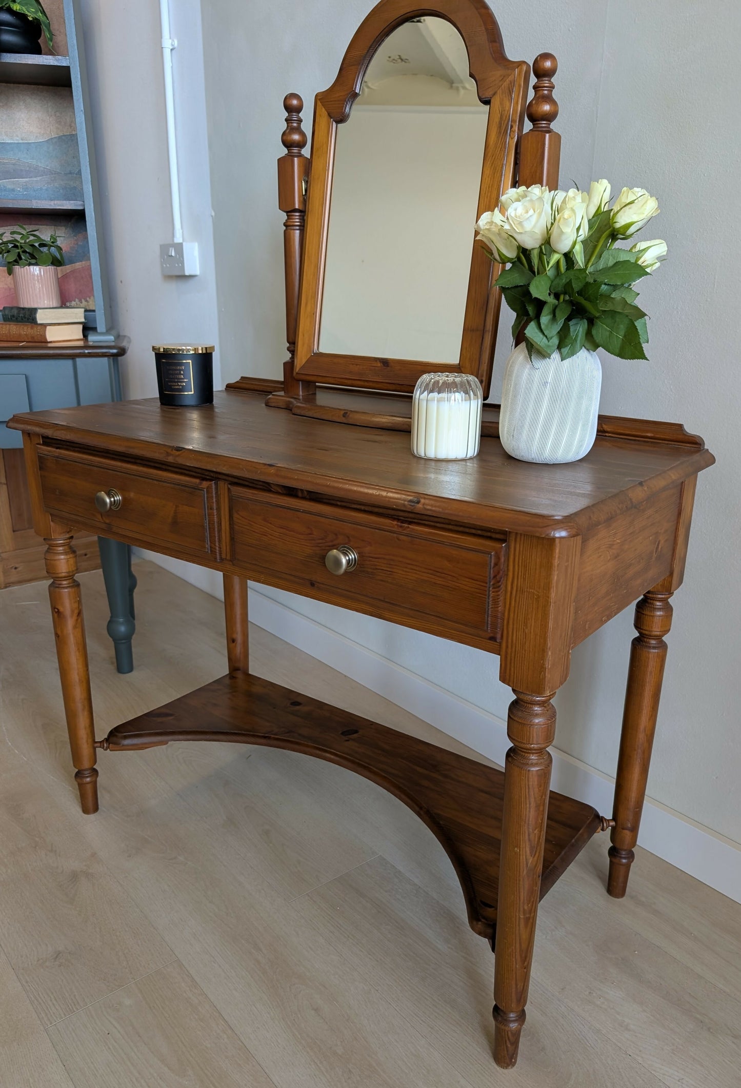 Restored Vintage Ducal Pine Dressing Table with Swing Mirror