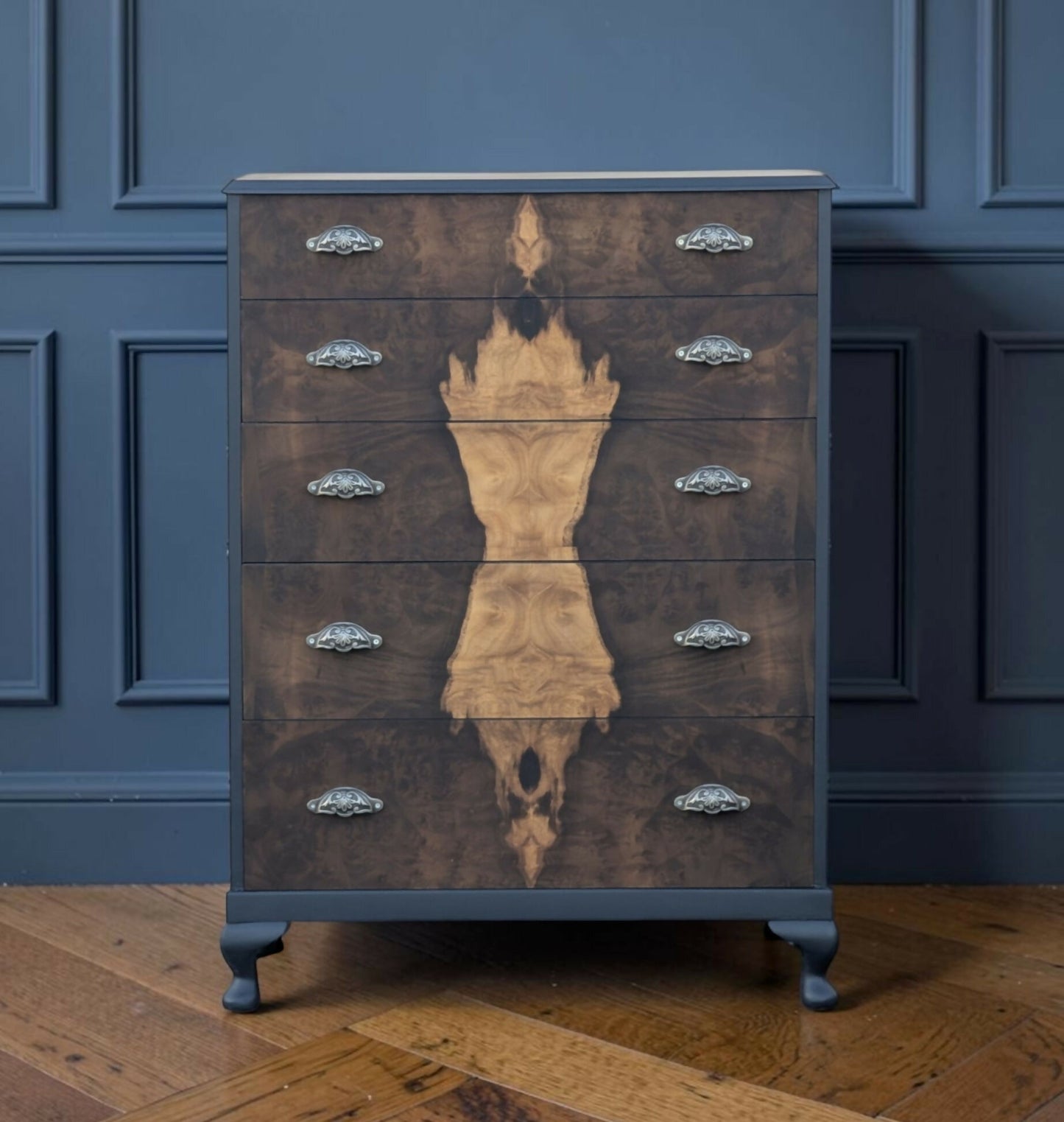 Vintage art deco navy blue walnut burr wood chest of drawers tallboy