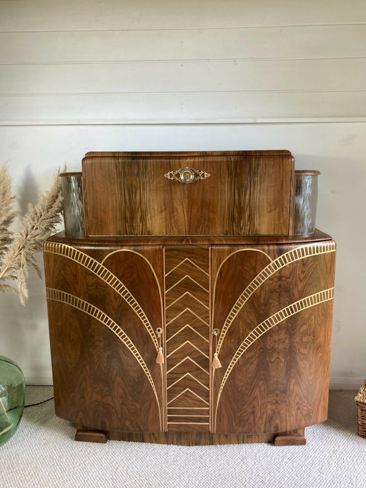 Large Art Deco Walnut Cocktail Cabinet with Design