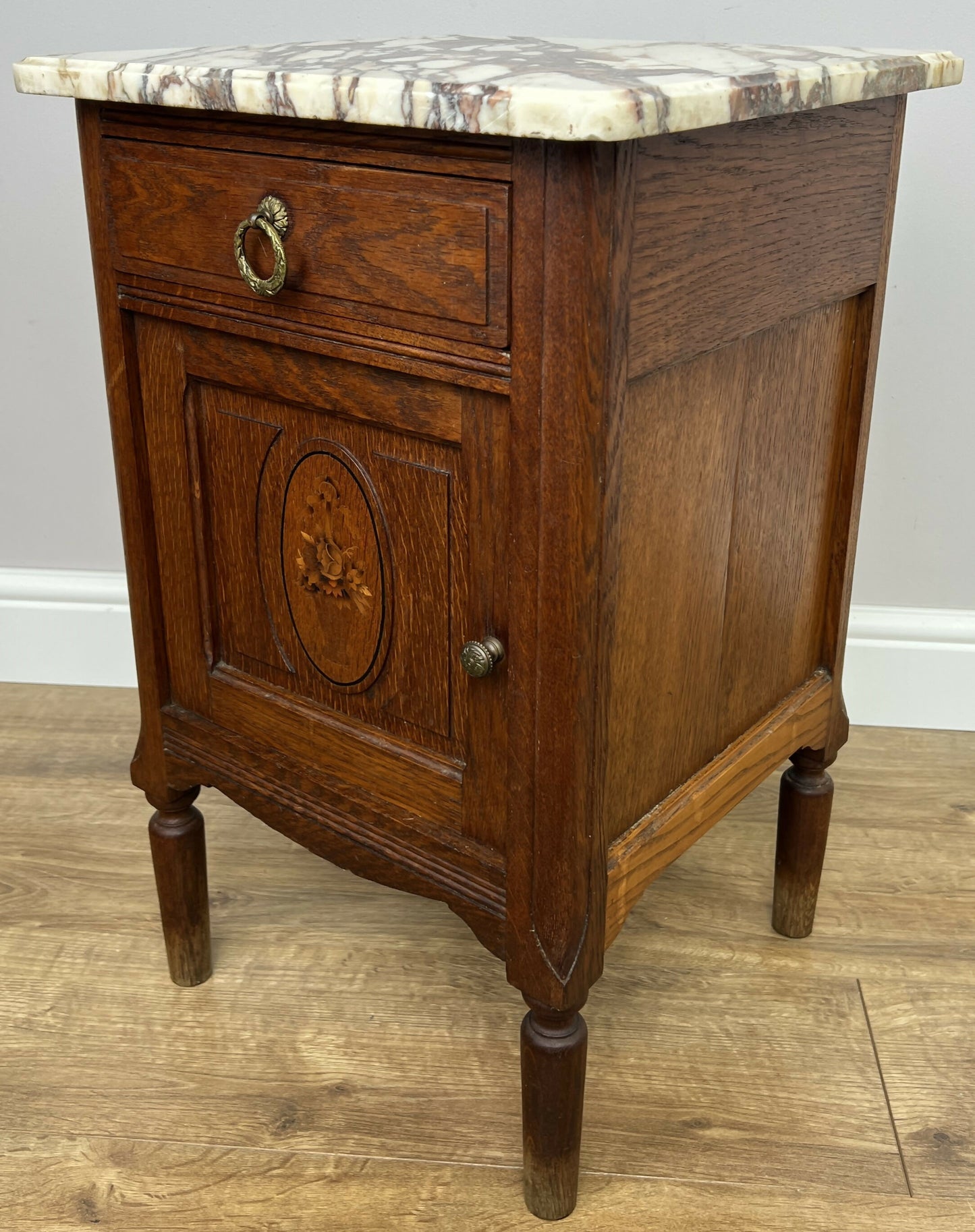 Bedside Table Antique French Marble Top Oak Cabinet Carved Cupboard LOT 6353