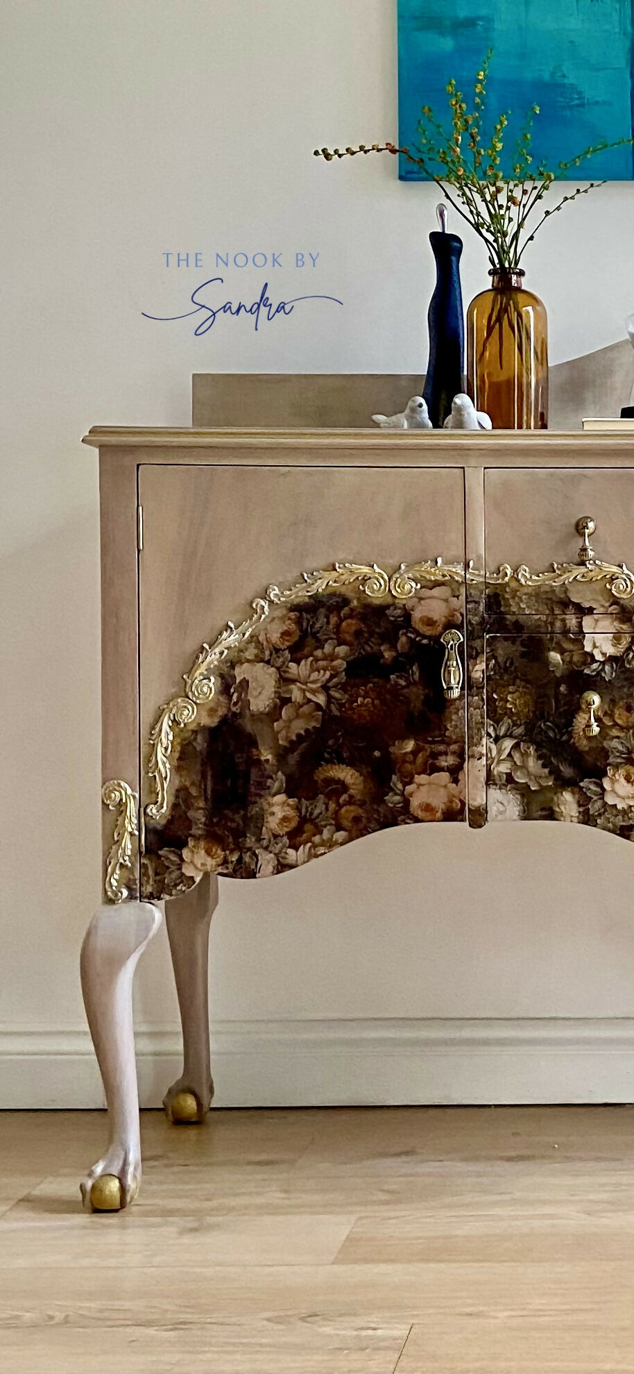Elegant Upcycled Sideboard •Chateau Wash •Gold moulds •Floral Foil