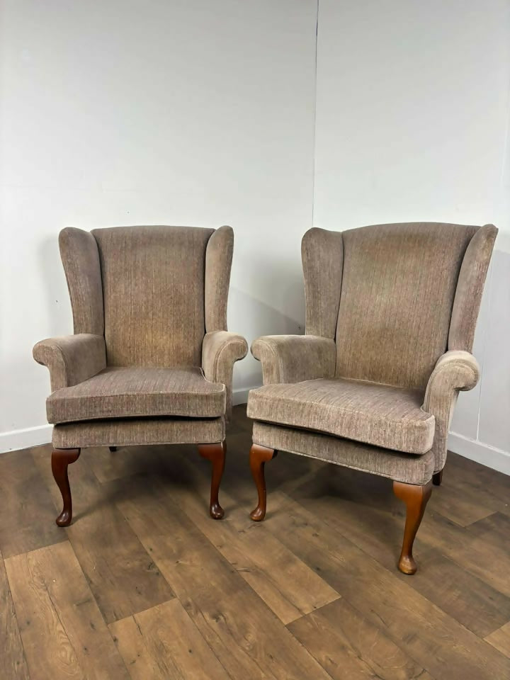 Pair of Matching Wingback Fireside Chairs On Cabriole Supports